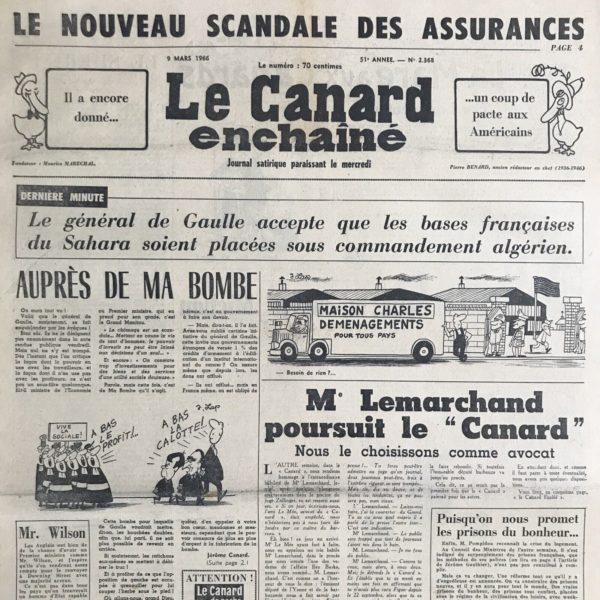 Couac ! | N° 2368 du Canard Enchaîné - 9 Mars 1966 | Chroniques de la Cour, d’André Ribaud - Métamorphoses du règne - Fin de l’ancienne Cour (après son ballottement en 1965) — Crayon de ses avatars — Le Roi changé ; désabusé ; ennuyé — Confusion substituée à la mécanique si réglée de naguère — Courette électorale (de Konrad Adenauer)— Cour, fort naturelle, des Miracles (ministres “mouillés” par des affaires, comme Ben Barka, qui restent en poste) | 2368