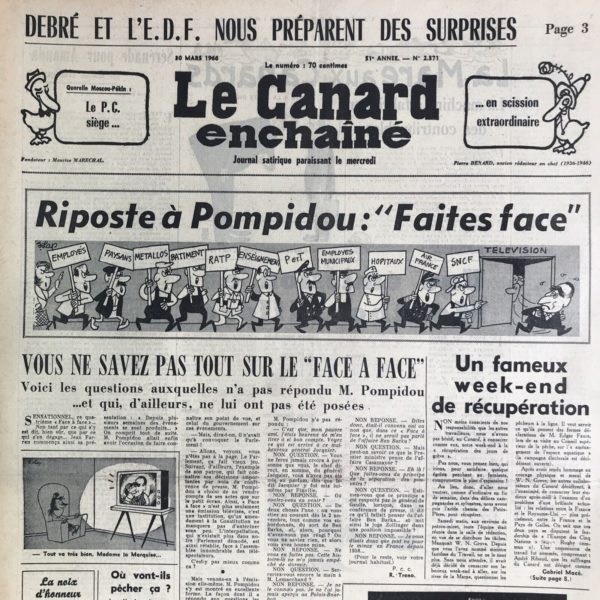 Couac ! | N° 2371 du Canard Enchaîné - 30 Mars 1966 | Chroniques de la Cour, d’André Ribaud - Charmant “op” de la marquise - Dames des Indes à la Cour — Politique des Rois sur les femmes politiquantes (réticent à la féminisation de la politique) — Petit couvert étrangement ordonné — Holà sur le “Op”. de Madame de Maintenant (tenue extravagante pour ce dîner) —Privance devenue publique (visite de son lieu de naissance) — Le Roi Grand Electeur — M. de Chartabon d’Elmas considéré à l’égard des Etats-Généraux | 2371