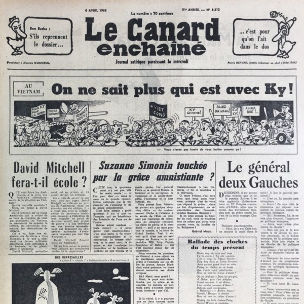 Couac ! | N° 2372 du Canard Enchaîné - 6 Avril 1966 | Nos Exemplaires du Canard Enchaîné sont archivés dans de bonnes conditions de conservation (obscurité, hygrométrie maitrisée et faible température), ce qui s'avère indispensable pour des journaux anciens. | 2372