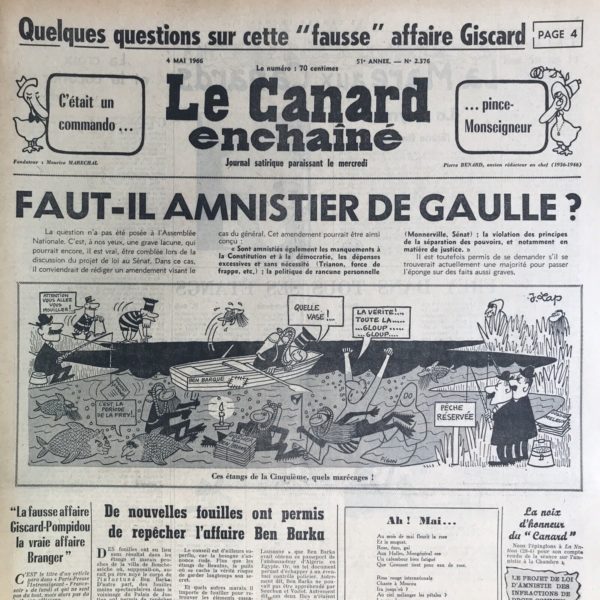 Couac ! | N° 2376 du Canard Enchaîné - 4 Mai 1966 | Chroniques de la Cour, d’André Ribaud Folie somptuaire du Trianon Relèvement des splendeurs de la monarchie — Grande affaire de l’inauguration du Grand Trianon (pour y loger les homologues du Président en visite) — Court historique de cette restauration (très discrète) — Mystère de la dépense (intervenue lors du plan d’austérité de VGE) — Inspection des travaux finis — Attente du 10 juin (jour de l’inauguration) | 2376