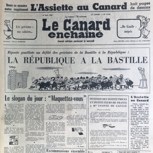 Couac ! | N° 2378 du Canard Enchaîné - 18 Mai 1966 | Nos Exemplaires du Canard Enchaîné sont archivés dans de bonnes conditions de conservation (obscurité, hygrométrie maitrisée et faible température), ce qui s'avère indispensable pour des journaux anciens. | 2378