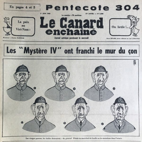 Couac ! | N° 2380 du Canard Enchaîné - 1 Juin 1966 | Chroniques de la Cour, d’André Ribaud - La défaite de Verdun Déroute des “Ifopiens” du Roi (entre 300000 et 700000 personnes attendues pour l’hommage à Verdun) — Verdunisation de leurs espérances (30000 personnes présentes au maximum)— Ridicule des préparations empathiques de Sanguinetti — Le Roi bossuettise (discours-hommage de mémoire, comme Bossuet) — Courte angoisse autour de lui — Mugissements des taverniers — « Garden-party » sombrée dans l’ennui (avec le Parlement à l’Elysée) — Exclusion des gazetiers d’y être; pourquoi. | 2380