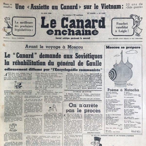 Couac ! | N° 2382 du Canard Enchaîné - 15 Juin 1966 | Une "assiette au canard" sur le Vietnam : Le merveilleux gars du Texas, par Morvan Lebesque - De la médiocrité et la dangerosité du président Johnson, "maître de l'une des deux puissances qui décident de notre peau - Quand cette sale guerre était la nôtre... et qu'elle laissait les français plus indifférents qu'aujourd'hui, par R. Tréno - Les américains prendront la suite des français au Vietnam, sans que la leçon leur ait servi... | 2382