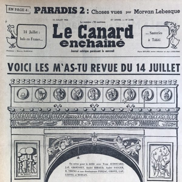 Couac ! | N° 2386 du Canard Enchaîné - 13 Juillet 1966 | Chroniques de la Cour, d’André Ribaud - Petit mystère sur le Grand Trianon Roi Lao à la cour (roi du Laos, menacé par le mouvement communiste Lao) — Surprise de son exclusion de loger au plus grand luxe — Contes fallacieux du Roi (le roi du Laos ne logea pas au Grand Trianon) — Variations bien versifiées sur un coucher de soleil — Désirs du roi traversé par la froideur anglaise (refus de la reine de venir en visite en France) — Pompidou à la cour de Londres, et le peu de bons succès qu’il y rencontra | 2386