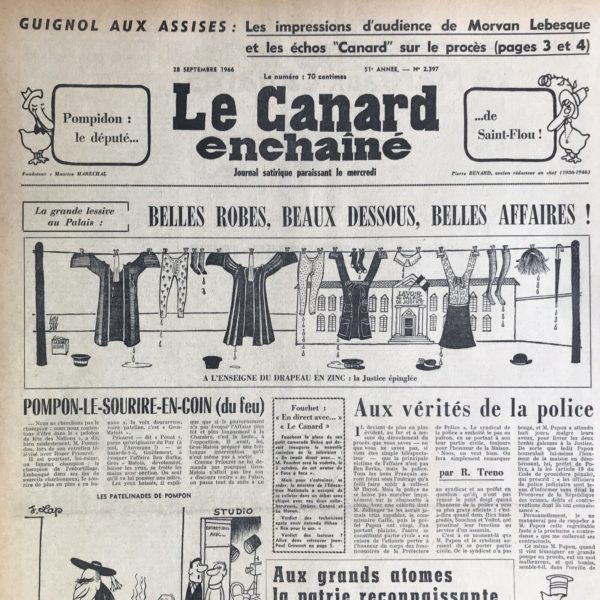 Couac ! | N° 2397 du Canard Enchaîné - 28 Septembre 1966 | Chroniques de la Cour, d’André Ribaud - Sainte-Justine au coin du feu - Premier canon de la campagne (des législatives) — Mesures de soumission renforcées dans les étranges lucarnes — Grandes dispositions de l’Alexandre des chevaux-légers (Alexandre Sanguinetti, ministre des Anciens Combattants) — Formidable succès d’une vespe des gazetiers du « Canard » (conseil d’échevinage manquées par De Gaulle) - CINEMA: FAHRENHEIT 451 (TRUFFAUT, TOUT FLAMME) - | 2397