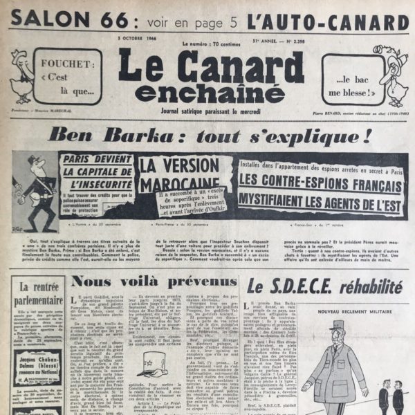 Couac ! | N° 2398 du Canard Enchaîné - 5 Octobre 1966 | Chroniques de la Cour, d’André Ribaud - Le Roi marieur d’empereur - M. de Charmant d’Elmas fâcheusement distrait de ses occupations (à cause du remaniement proche) — Vues du Roi sur l’abaissement suprême des États Généraux (remise en cause du droit de dissolution du Parlement)— Son soin des bas détails — Surprenante révélation d’un général dans les étranges lucarnes (Koenig, et référence astucieuse à Pierre-Napoléon Bonaparte, cousin de Napoléon III) — Le Roi protecteur des survivances (Pierre-Napoléon Bonaparte ne s’est jamais marié) - | 2398