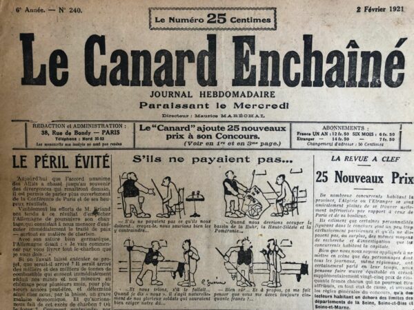 Couac ! | N° 240 du Canard Enchaîné - 2 Février 1921 | Nos Exemplaires du Canard Enchaîné sont archivés dans de bonnes conditions de conservation (obscurité, hygrométrie maitrisée et faible température), ce qui s'avère indispensable pour des journaux anciens. | 240