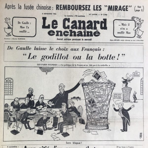 Couac ! | N° 2402 du Canard Enchaîné - 2 Novembre 1966 | Chroniques de la Cour, d’André Ribaud - La harangue de la Saint-Simon : Prologue de splendeur nécessaire  — Grande ambassade déclarée(création d’une ambassade au Népal) — Fiel âpre et aigre vinaigre (Remontrances de De Gaulle envers la RFA) — le Roi plus qu’américain (discours “paternaliste” envers les Etats-Unis) — Cajoleries appuyées à la Moscovie et leurs probables suites — Mécaniques fixe du discours du Roi — Le Roi réformateur (pas assez en vérité, selon le Canard) | 2402