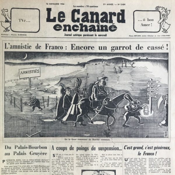 Couac ! | N° 2404 du Canard Enchaîné - 16 Novembre 1966 | Chroniques de la Cour, d’André Ribaud - Le Lin-Piao du Roi - Inexorable seuil (77 ans pour le Président) — Mode des retraites de force des grands de l’univers — Le Roi refuse de se ployer à cette vogue infecte (de se “retirer du pouvoir” à l’âge de la retraite) — Ralentissement et intermittence de son règne (trop vieux pour le Canard) — 11 novembre à l'ordinaire — Jaquette martiale du Premier ministre (pour le 11 novembre) — Mot fort obombré (= “protégé”, utilisé par Voltaire) du Roi (en rapport avec l’éclipse qui eût lieu) | 2404