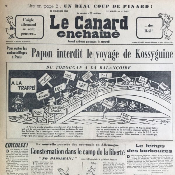 Couac ! | N° 2405 du Canard Enchaîné - 23 Novembre 1966 | Chroniques de la Cour, d’André Ribaud - Le roi fait son pré carré avec la terre Aubry - Riche pâture à vendre (à Colombey) — Le Roi la veut — Tope ! Tope ! — Son bonheur en acquisition — Son génie du viager (acquisition de la Boisserie et sa dépendance de cette façon) — Frayeur qui s’en répand — Suppositions variées sur la destination de la terre Aubry — Sourds murmures à Colombey (hausse du prix des terres là-bas) | 2405