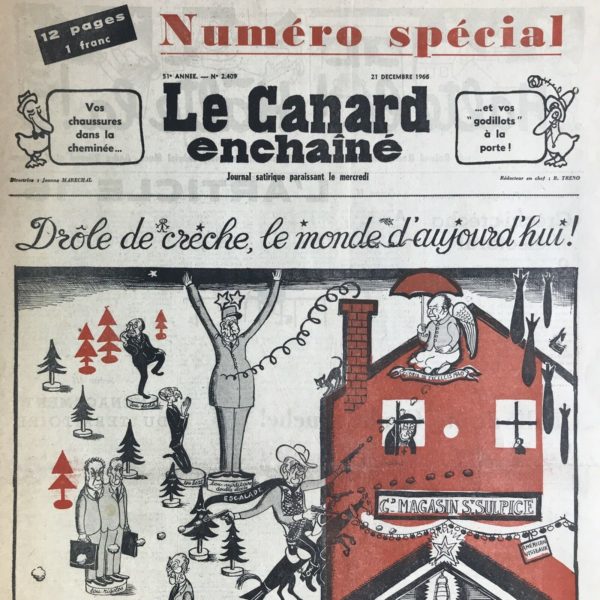 Couac ! | N° 2409 du Canard Enchaîné - 21 Décembre 1966 | Chroniques de la Cour, par André Ribaud - Japonerie, Prince Consort, et Petit Noël - L’impromptu du Louvre (visite du chantier de rénovation) — Estampes en air de politique — Malheurs du surintendant (André Malraux) sous la colonnade — Premier grand couvert au Trianon (venue de Philip d’Edimbourg) — Gloire du Roi sous l’arbre de Noël — Ses mâles vœux — Joie bruyante de Monsieur le Prince (Georges Pompidou au sujet de la pilule) | 2409