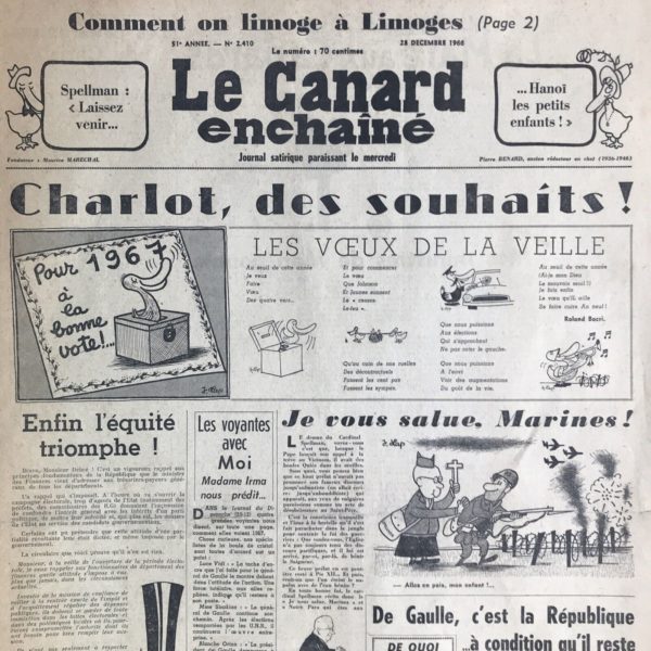 Couac ! | N° 2410 du Canard Enchaîné - 28 Décembre 1966 | Nos Exemplaires du Canard Enchaîné sont archivés dans de bonnes conditions de conservation (obscurité, hygrométrie maitrisée et faible température), ce qui s'avère indispensable pour des journaux anciens. | 2410