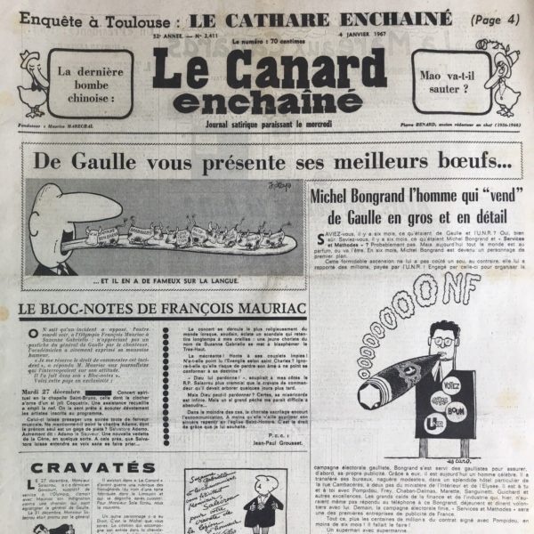 Couac ! | N° 2411 du Canard Enchaîné - 4 Janvier 1967 | Nos Exemplaires du Canard Enchaîné sont archivés dans de bonnes conditions de conservation (obscurité, hygrométrie maitrisée et faible température), ce qui s'avère indispensable pour des journaux anciens. | 2411