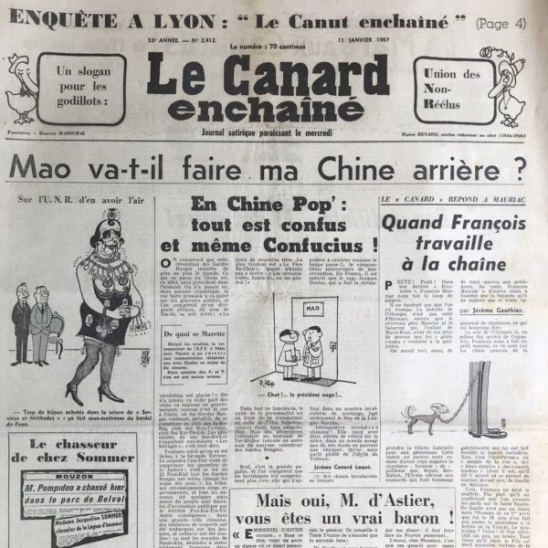 Couac ! | N° 2412 du Canard Enchaîné - 11 Janvier 1967 | Nos Exemplaires du Canard Enchaîné sont archivés dans de bonnes conditions de conservation (obscurité, hygrométrie maitrisée et faible température), ce qui s'avère indispensable pour des journaux anciens. | 2412