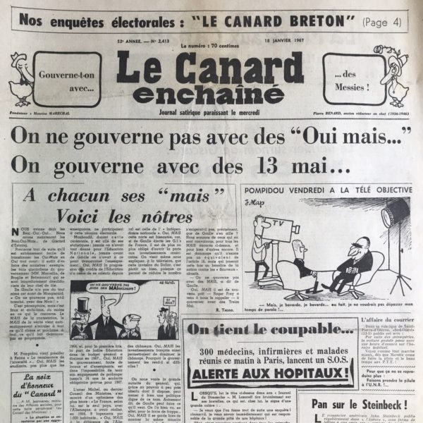 Couac ! | N° 2413 du Canard Enchaîné - 18 Janvier 1967 | Nos Exemplaires du Canard Enchaîné sont archivés dans de bonnes conditions de conservation (obscurité, hygrométrie maitrisée et faible température), ce qui s'avère indispensable pour des journaux anciens. | 2413