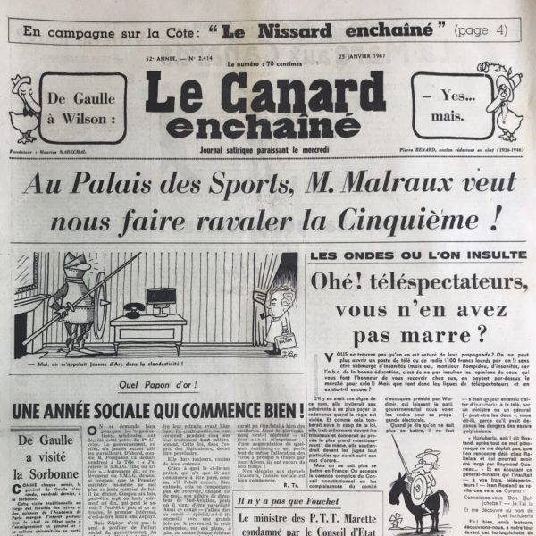 Couac ! | N° 2414 du Canard Enchaîné - 25 Janvier 1967 | Nos Exemplaires du Canard Enchaîné sont archivés dans de bonnes conditions de conservation (obscurité, hygrométrie maitrisée et faible température), ce qui s'avère indispensable pour des journaux anciens. | 2414