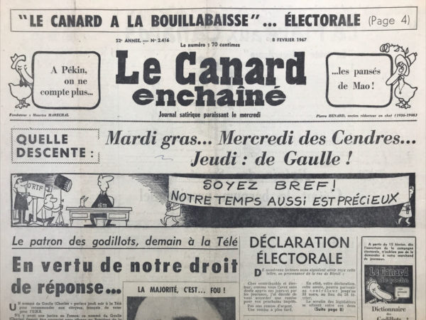 Couac ! | N° 2416 du Canard Enchaîné - 8 Février 1967 | Nos Exemplaires du Canard Enchaîné sont archivés dans de bonnes conditions de conservation (obscurité, hygrométrie maitrisée et faible température), ce qui s'avère indispensable pour des journaux anciens. | 2416