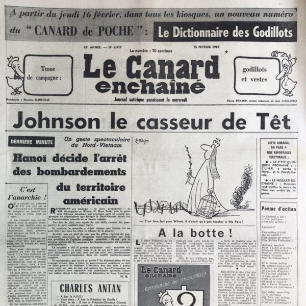 Couac ! | N° 2417 du Canard Enchaîné - 15 Février 1967 | Johnson Le Casseur De Têt - Nord - Vietnam - Hanoï Décide L'Arrêt Des Bombardements Du Territoire Américain - Roland Bacri - Charles Antan - Pompidou - T. Muret - J. Lap.  | 2417