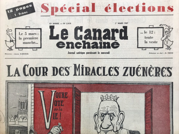 Couac ! | N° 2419 du Canard Enchaîné - 1 Mars 1967 | LE GRAND PRIX DES LECHES GODILLOTS A LEON ZITRONE - LES INTERVIEWS (PRESQUE) IMAGINAIRES DU "CANARD": EUGENE IONESCO | 2419