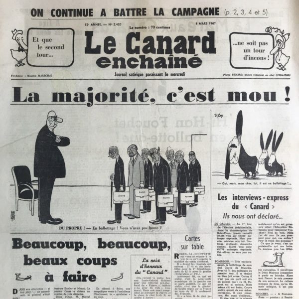 Couac ! | N° 2420 du Canard Enchaîné - 8 Mars 1967 | Nos Exemplaires du Canard Enchaîné sont archivés dans de bonnes conditions de conservation (obscurité, hygrométrie maitrisée et faible température), ce qui s'avère indispensable pour des journaux anciens. | 2420