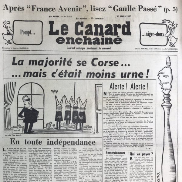 Couac ! | N° 2421 du Canard Enchaîné - 15 Mars 1967 | Nos Exemplaires du Canard Enchaîné sont archivés dans de bonnes conditions de conservation (obscurité, hygrométrie maitrisée et faible température), ce qui s'avère indispensable pour des journaux anciens. | 2421