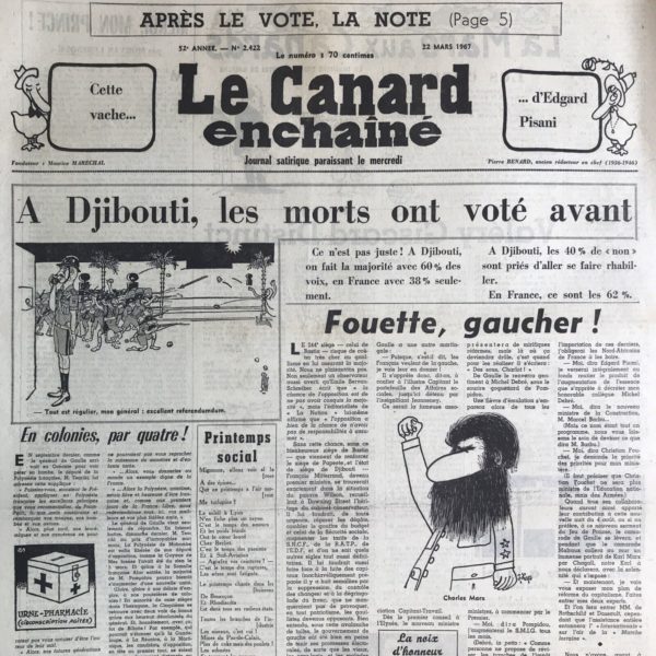 Couac ! | N° 2422 du Canard Enchaîné - 22 Mars 1967 | Nos Exemplaires du Canard Enchaîné sont archivés dans de bonnes conditions de conservation (obscurité, hygrométrie maitrisée et faible température), ce qui s'avère indispensable pour des journaux anciens. | 2422