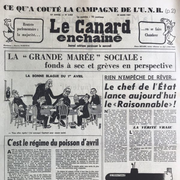 Couac ! | N° 2423 du Canard Enchaîné - 29 Mars 1967 | Nos Exemplaires du Canard Enchaîné sont archivés dans de bonnes conditions de conservation (obscurité, hygrométrie maitrisée et faible température), ce qui s'avère indispensable pour des journaux anciens. | 2423