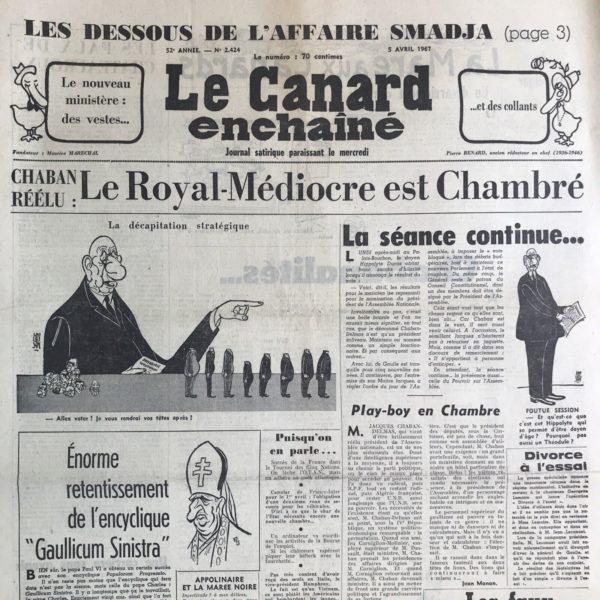 Couac ! | N° 2424 du Canard Enchaîné - 5 Avril 1967 | Nos Exemplaires du Canard Enchaîné sont archivés dans de bonnes conditions de conservation (obscurité, hygrométrie maitrisée et faible température), ce qui s'avère indispensable pour des journaux anciens. | 2424