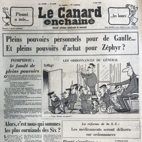 Couac ! | N° 2428 du Canard Enchaîné - 3 Mai 1967 | Nos Exemplaires du Canard Enchaîné sont archivés dans de bonnes conditions de conservation (obscurité, hygrométrie maitrisée et faible température), ce qui s'avère indispensable pour des journaux anciens. | 2428