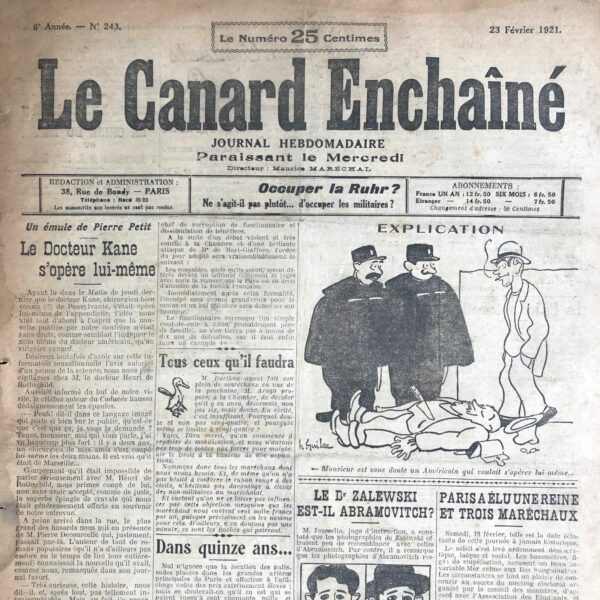 Couac ! | N° 243 du Canard Enchaîné - 23 Février 1921 | Nos Exemplaires du Canard Enchaîné sont archivés dans de bonnes conditions de conservation (obscurité, hygrométrie maitrisée et faible température), ce qui s'avère indispensable pour des journaux anciens. | 243 1 rotated