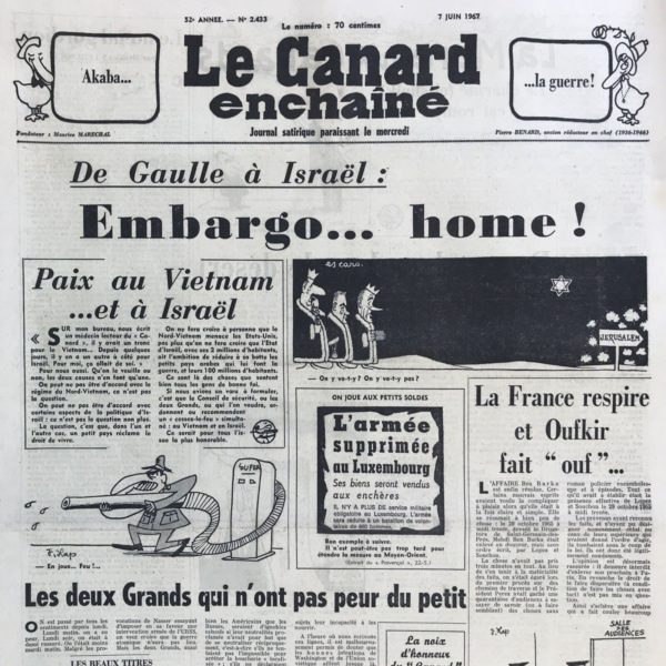 Couac ! | N° 2433 du Canard Enchaîné - 7 Juin 1967 | Nos Exemplaires du Canard Enchaîné sont archivés dans de bonnes conditions de conservation (obscurité, hygrométrie maitrisée et faible température), ce qui s'avère indispensable pour des journaux anciens. | 2433