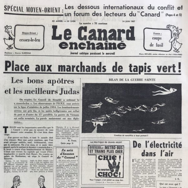 Couac ! | N° 2434 du Canard Enchaîné - 14 Juin 1967 | LE DISCOURS DE GEORGES BRASSENS A L'ACADEMIE FRANCAISE - UNE TENEBREUSE AFFAIRE /JEAN GRANDMOUGIN /RADIO LUXEMBOURG-JERUSALEM | 2434