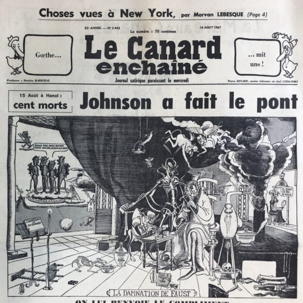 Couac ! | N° 2443 du Canard Enchaîné - 16 Août 1967 | Nos Exemplaires du Canard Enchaîné sont archivés dans de bonnes conditions de conservation (obscurité, hygrométrie maitrisée et faible température), ce qui s'avère indispensable pour des journaux anciens. | 2443