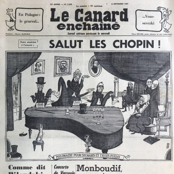 Couac ! | N° 2446 du Canard Enchaîné - 6 Septembre 1967 | Nos Exemplaires du Canard Enchaîné sont archivés dans de bonnes conditions de conservation (obscurité, hygrométrie maitrisée et faible température), ce qui s'avère indispensable pour des journaux anciens. | 2446