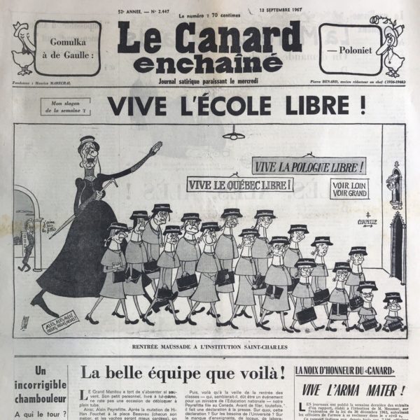 Couac ! | N° 2447 du Canard Enchaîné - 13 Septembre 1967 | Nos Exemplaires du Canard Enchaîné sont archivés dans de bonnes conditions de conservation (obscurité, hygrométrie maitrisée et faible température), ce qui s'avère indispensable pour des journaux anciens. | 2447