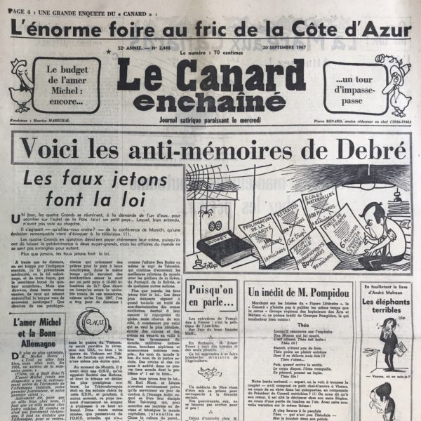 Couac ! | N° 2448 du Canard Enchaîné - 20 Septembre 1967 | Nos Exemplaires du Canard Enchaîné sont archivés dans de bonnes conditions de conservation (obscurité, hygrométrie maitrisée et faible température), ce qui s'avère indispensable pour des journaux anciens. | 2448