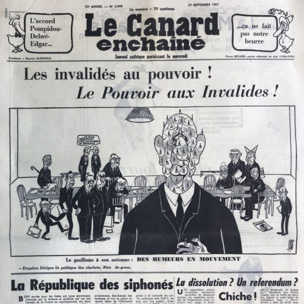 Couac ! | N° 2449 du Canard Enchaîné - 27 Septembre 1967 | Nos Exemplaires du Canard Enchaîné sont archivés dans de bonnes conditions de conservation (obscurité, hygrométrie maitrisée et faible température), ce qui s'avère indispensable pour des journaux anciens. | 2449