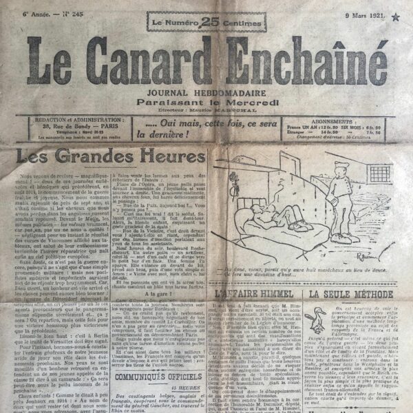 Couac ! | N° 245 du Canard Enchaîné - 9 Mars 1921 | Nos Exemplaires du Canard Enchaîné sont archivés dans de bonnes conditions de conservation (obscurité, hygrométrie maitrisée et faible température), ce qui s'avère indispensable pour des journaux anciens. | 245 rotated