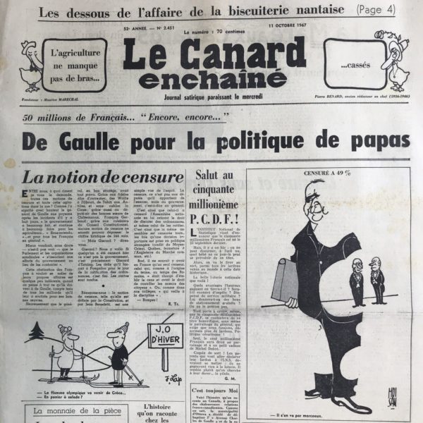 Couac ! | N° 2451 du Canard Enchaîné - 11 Octobre 1967 | Nos Exemplaires du Canard Enchaîné sont archivés dans de bonnes conditions de conservation (obscurité, hygrométrie maitrisée et faible température), ce qui s'avère indispensable pour des journaux anciens. | 2451