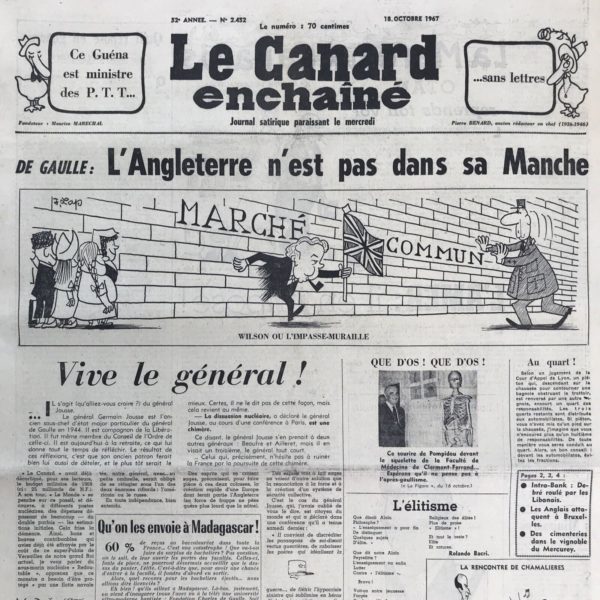 Couac ! | N° 2452 du Canard Enchaîné - 18 Octobre 1967 | Nos Exemplaires du Canard Enchaîné sont archivés dans de bonnes conditions de conservation (obscurité, hygrométrie maitrisée et faible température), ce qui s'avère indispensable pour des journaux anciens. | 2452