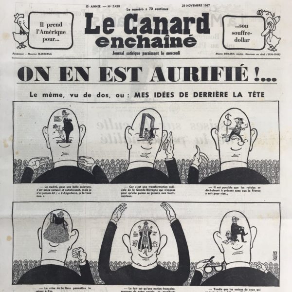 Couac ! | N° 2458 du Canard Enchaîné - 29 Novembre 1967 | C'est un article collectif, signé "l'équipe du Canard", qui, dans ce No 2458 du 29 novembre 1967, rend hommage à sa directrice, Jeanne Maréchal, née Prunier, décédée le 25 novembre, à l'âge de 82 ans, à son domicile parisien, square de Clignancourt. "Le Canard a perdu sa mère. Elle l'avait porté dans ses bras - littéralement - puisqu'en 1916, dans le Paris en guerre, elle partait à bicyclette servir les premiers abonnés. Le Canard, alors, c'était Maurice et Jeanne. Lui s'occupait de la rédaction, elle de l'administration". Sans Maurice, disparu le 15 février 1942, elle fait reparaître le Canard à la libération, fidèle à la promesse qu'elle avait faite à son mari. Elle respecta aussi sa volonté de confier le destin du journal à ses collaborateurs, pour le protéger des convoitises. Ainsi, en 1953, elle repoussa l'offre de la Franpar, filiale presse du groupe Hachette, qui détenait France-Soir, de racheter le Canard, alors moribond. Elle tint bon et lui redonna des ailes, secondée, notamment, par le fidèle Tréno, rédacteur en chef pendant 20 ans, et qui lui succédera, et l'administrateur André Sauger. Elle laissa à sa mort l'hebdomadaire, devenu quinquagénaire, en pleine forme. "C'était une grande dame. C'était la mère du Canard. C'était notre mère à tous. Adieu Jeanne Maréchal !". SP | 2458