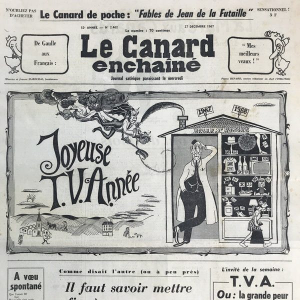 Couac ! | N° 2462 du Canard Enchaîné - 27 Décembre 1967 | Nos Exemplaires du Canard Enchaîné sont archivés dans de bonnes conditions de conservation (obscurité, hygrométrie maitrisée et faible température), ce qui s'avère indispensable pour des journaux anciens. | 2462