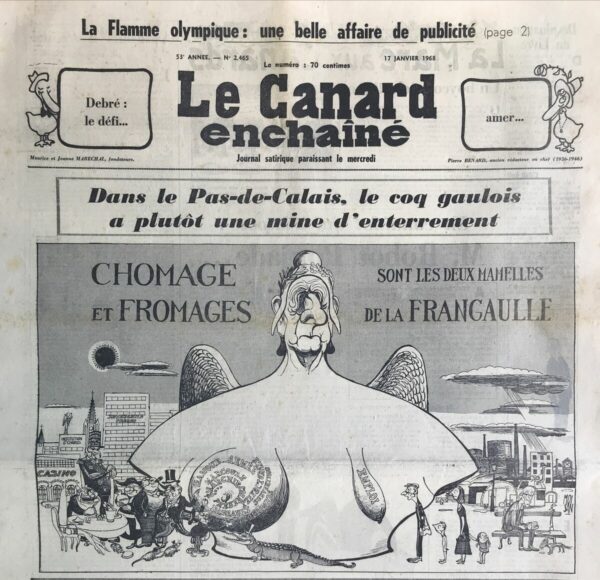 Couac ! | N° 2465 du Canard Enchaîné - 17 Janvier 1968 | Nos Exemplaires du Canard Enchaîné sont archivés dans de bonnes conditions de conservation (obscurité, hygrométrie maitrisée et faible température), ce qui s'avère indispensable pour des journaux anciens. | 2465 e1679153012298