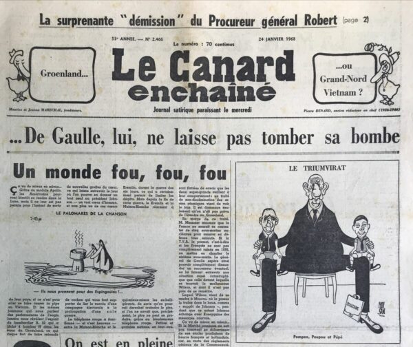 Couac ! | N° 2466 du Canard Enchaîné - 24 Janvier 1968 | Nos Exemplaires du Canard Enchaîné sont archivés dans de bonnes conditions de conservation (obscurité, hygrométrie maitrisée et faible température), ce qui s'avère indispensable pour des journaux anciens. | 2466 e1679156517705