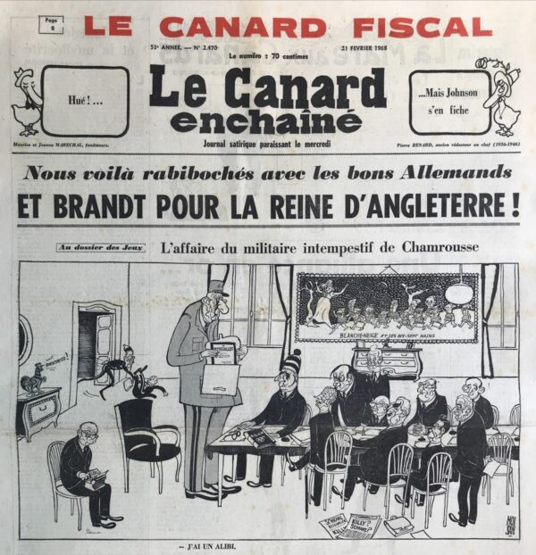 Couac ! | N° 2470 du Canard Enchaîné - 21 Février 1968 | Nos Exemplaires du Canard Enchaîné sont archivés dans de bonnes conditions de conservation (obscurité, hygrométrie maitrisée et faible température), ce qui s'avère indispensable pour des journaux anciens. | 2470 e1679156879436