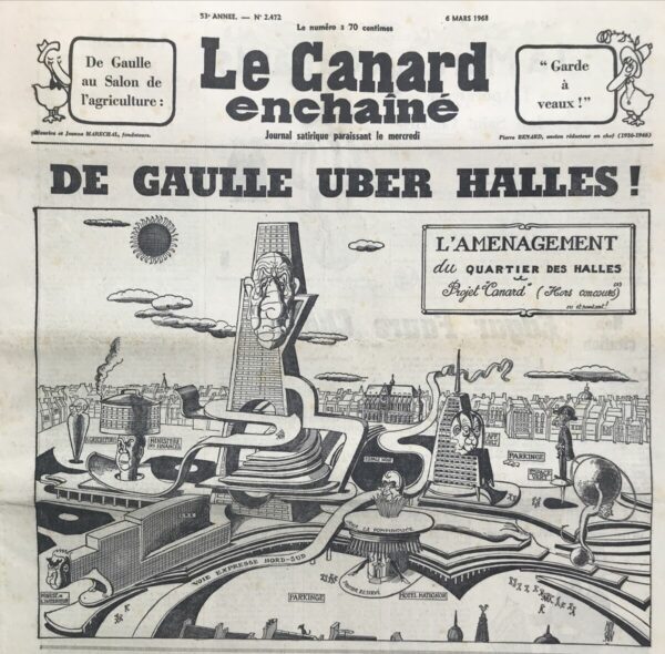 Couac ! | N° 2472 du Canard Enchaîné - 6 Mars 1968 | Nos Exemplaires du Canard Enchaîné sont archivés dans de bonnes conditions de conservation (obscurité, hygrométrie maitrisée et faible température), ce qui s'avère indispensable pour des journaux anciens. | 2472 e1679123093112