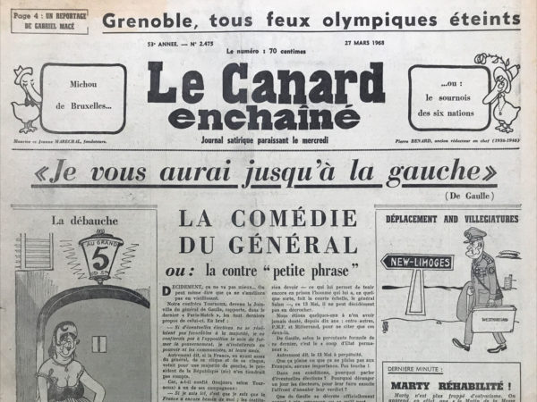 Couac ! | N° 2475 du Canard Enchaîné - 27 Mars 1968 | Nos Exemplaires du Canard Enchaîné sont archivés dans de bonnes conditions de conservation (obscurité, hygrométrie maitrisée et faible température), ce qui s'avère indispensable pour des journaux anciens. | 2475