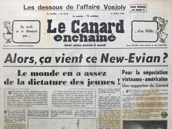 Couac ! | N° 2478 du Canard Enchaîné - 17 Avril 1968 | Nos Exemplaires du Canard Enchaîné sont archivés dans de bonnes conditions de conservation (obscurité, hygrométrie maitrisée et faible température), ce qui s'avère indispensable pour des journaux anciens. | 2478