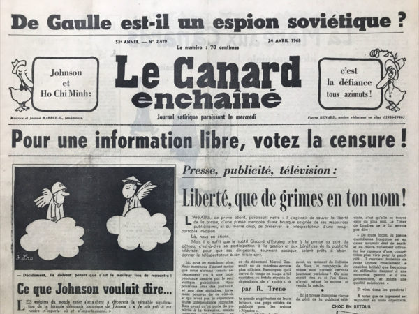 Couac ! | N° 2479 du Canard Enchaîné - 24 Avril 1968 | CINEMA: LA MARIEE ETAIT EN NOIR (MOREAU VACHE), FRANCOIS TRUFFAUT | 2479