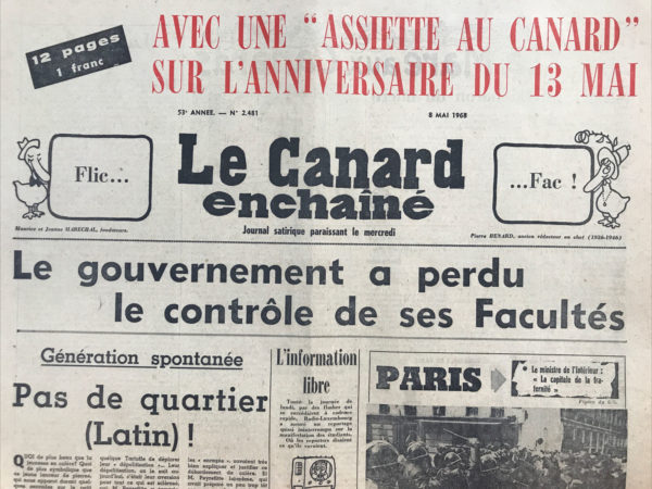 Couac ! | N° 2481 du Canard Enchaîné - 8 Mai 1968 | Nos Exemplaires du Canard Enchaîné sont archivés dans de bonnes conditions de conservation (obscurité, hygrométrie maitrisée et faible température), ce qui s'avère indispensable pour des journaux anciens. | 2481